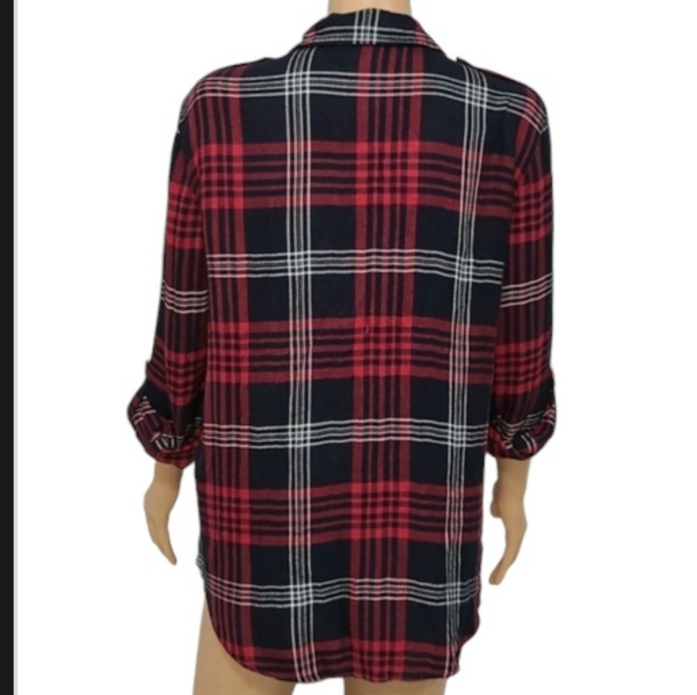 Zara Basic Red/Black Button-Front Plaid Shirt Rol… - image 8
